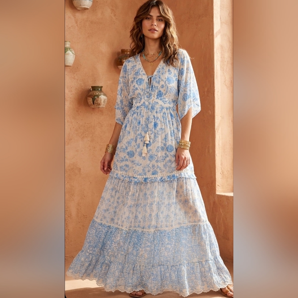 Hemant & Nandita Mina Blue Floral Metallic Lurex Maxi Dress Size Small
